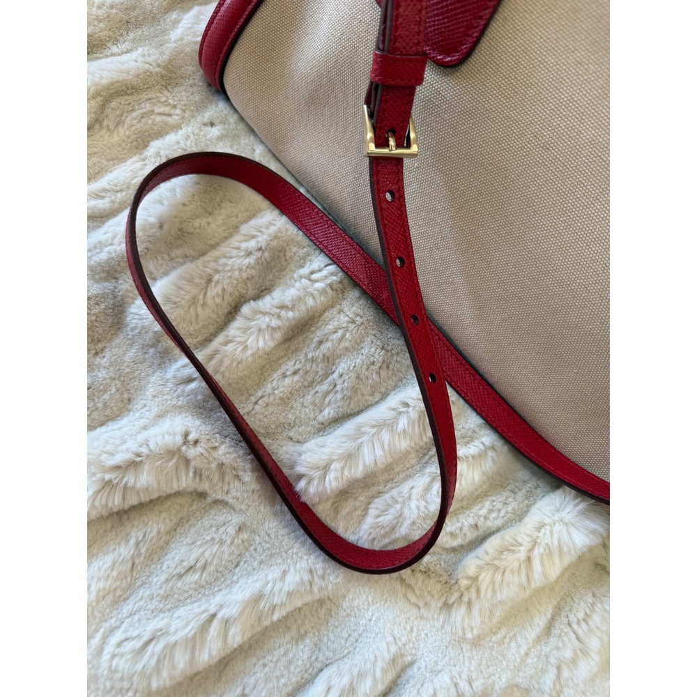 Prada Milano Red Saffiano Leather and Beige Canvas Tote Bag Handbag - Picture 14 of 15